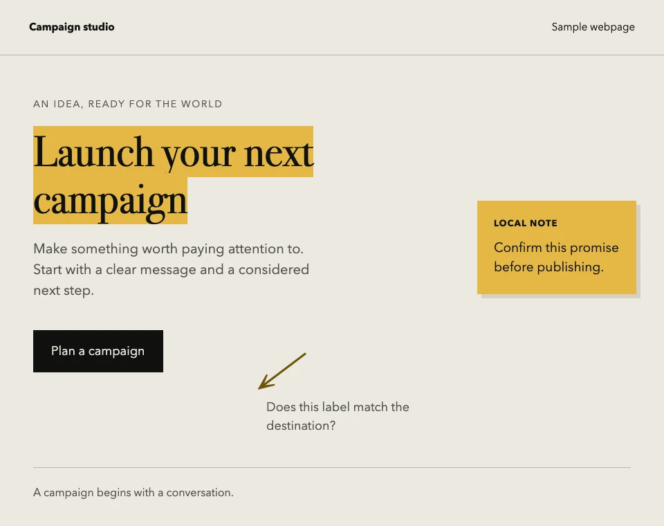 Sample campaign webpage: headline highlighted with the local note ‘Confirm this promise before publishing’; an arrow points to the campaign button.